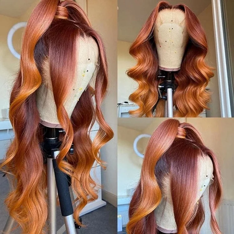 Mixed Ginger Orange Lace Front Wigs Straight Dimensional Copper Highlights Human Hair