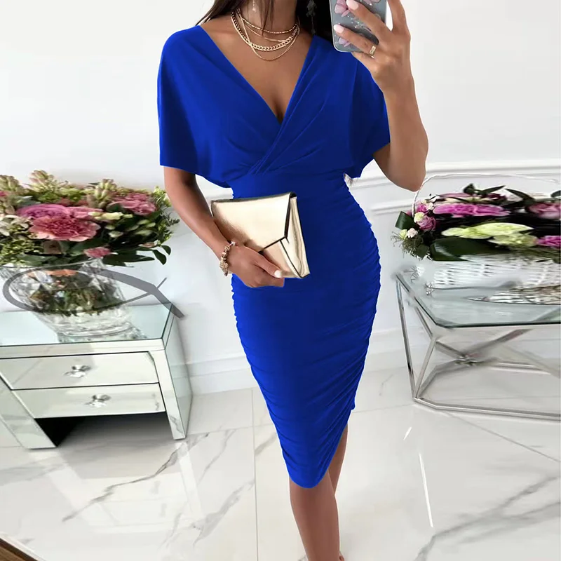 Solid Color V-Neck Sexy Package Hip Midi Dress