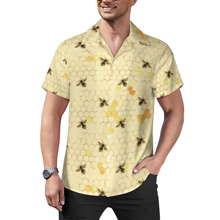 Yellow Trendy Honey Bee Comb Cuban Guayabera Beach Shirt Men Summer Tropical Casual Aloha Hawaiian Tops - Heather Prints Shirts