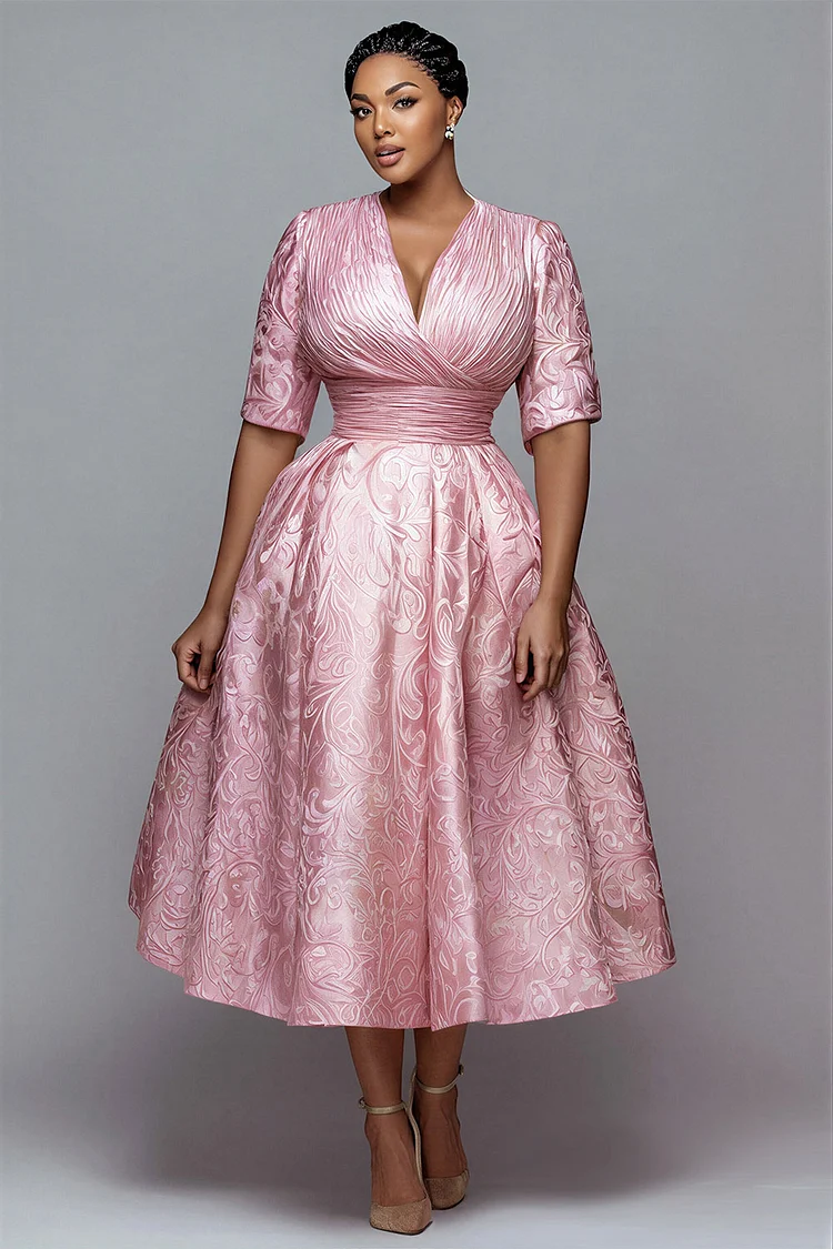 Xpluswear Design Plus Size Cocktail Party Elegant Pink Round Neck Short Sleeve Pocket Midi Dresses [Pre-Order] 2024 - Xpluswear