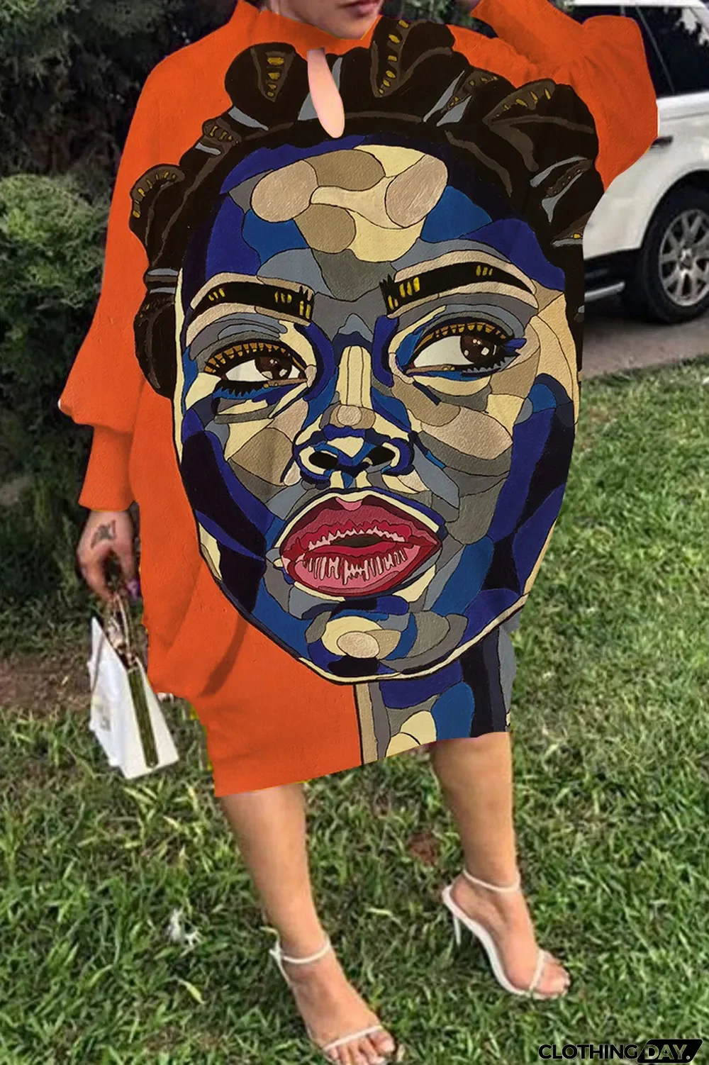 Light Gray Fashion Print Hollowed Out Round Neck Long Sleeve Dress