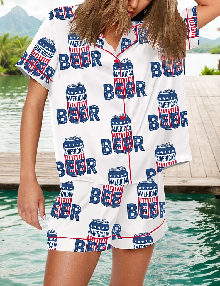 Women's It's A Bad Day To Be A Cold Beer 4th Of July Patriotic Drinking Short Sleeve Satin Pajama Set
