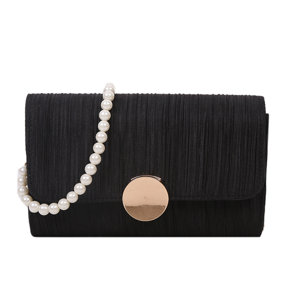 

Women Pleated Shoulder Handbag Pearl Chain Small Flap Crossbody Bag -Black, 501 Original