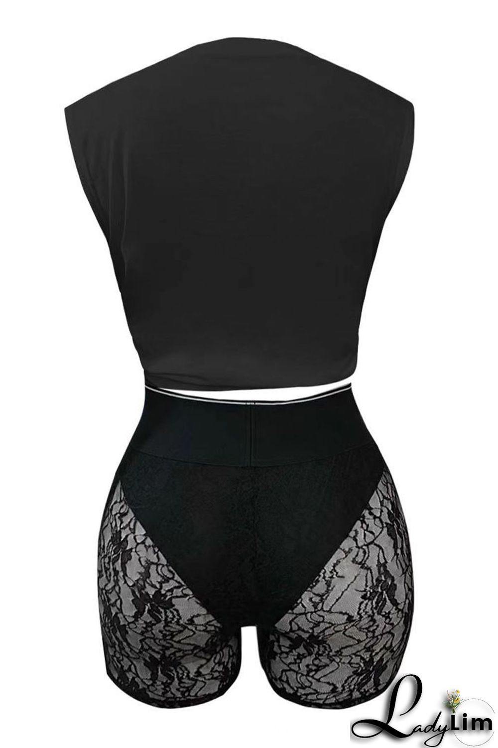 Black Sexy Street Letter Lace Frenulum O Neck Plus Size Two Pieces(Without Necklace)