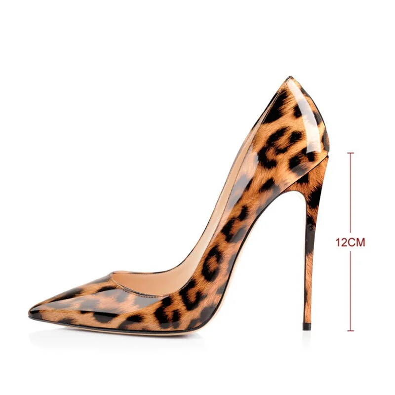 Onlymaker Women's Pointed Toe 8CM 10CM 12CM Thin Heels Leopard Print Sexy Pumps Patent Leather Lady Shoes Big Size US5~US15