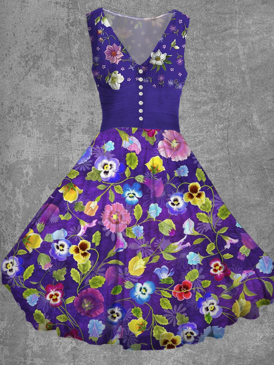 Floral Print Sleeveless V-Neck Button Chic Retro Flowy Midi Dress