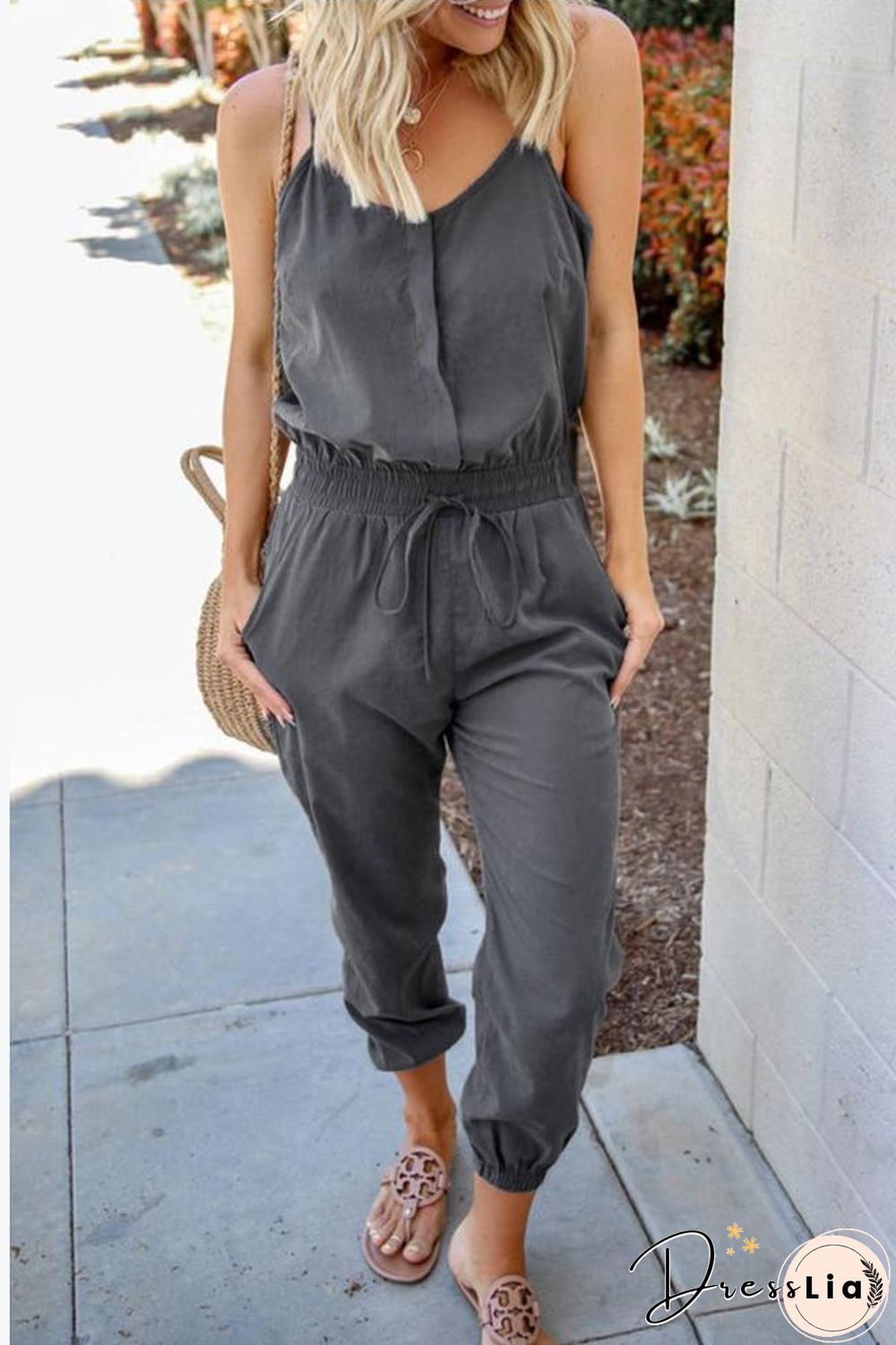 Spaghetti Straps Drawstring Waist Pocket Jumpsuit