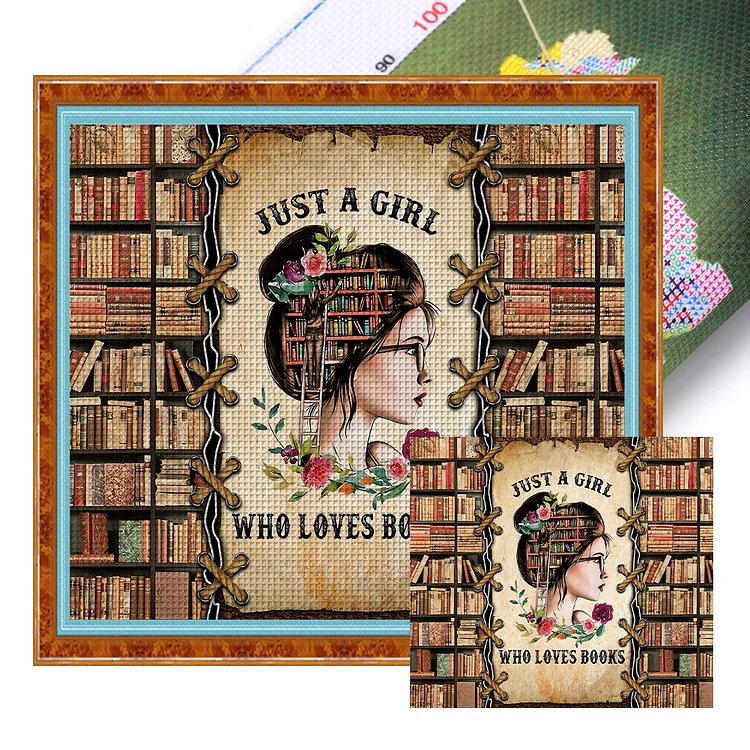 Girl Next To Bookshelf - Printed Cross Stitch 14CT 50*45CM