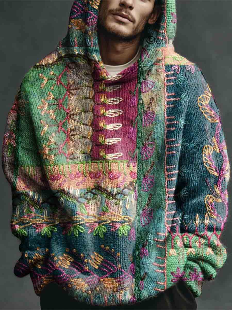 Vintage Patchwork Ethnic Plaid Print Casual Knitted Hoodie Sweater