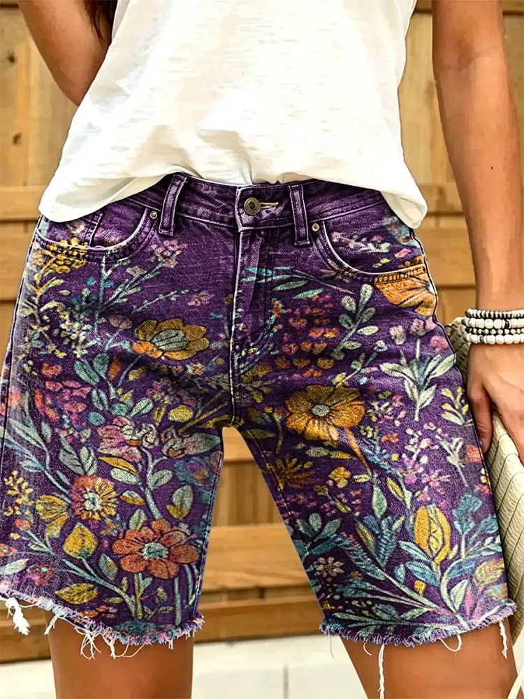 Women's Vintage Floral Print Denim Bermuda Shorts