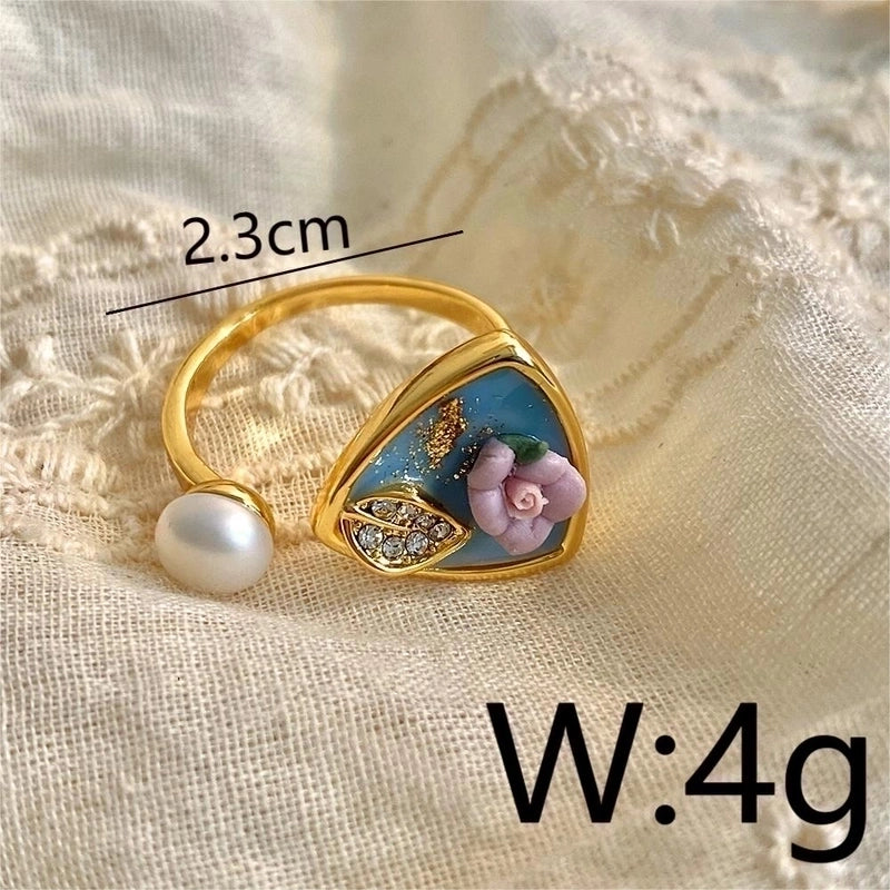 Copper 18K Gold Plated IG Style Y2K Minimalist Inlay Round Oval Flower Pearl Zircon Open Rings Rings