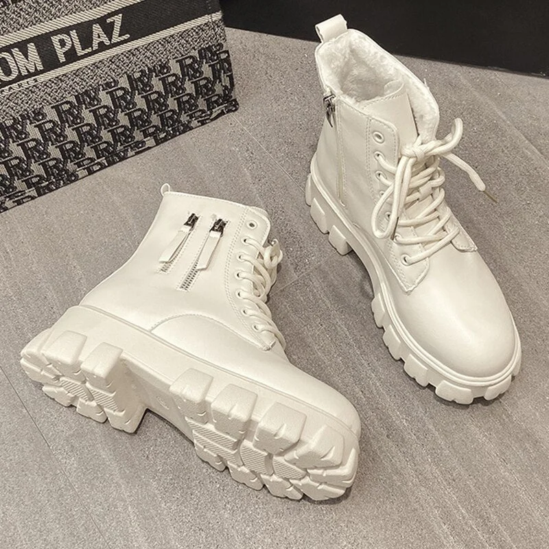 Women's White Ankle Boots 2021 Ladies Chunky Winter Boot Female Shoes Black Platform Combat Boots Fur Plush Designer Punk Gothic