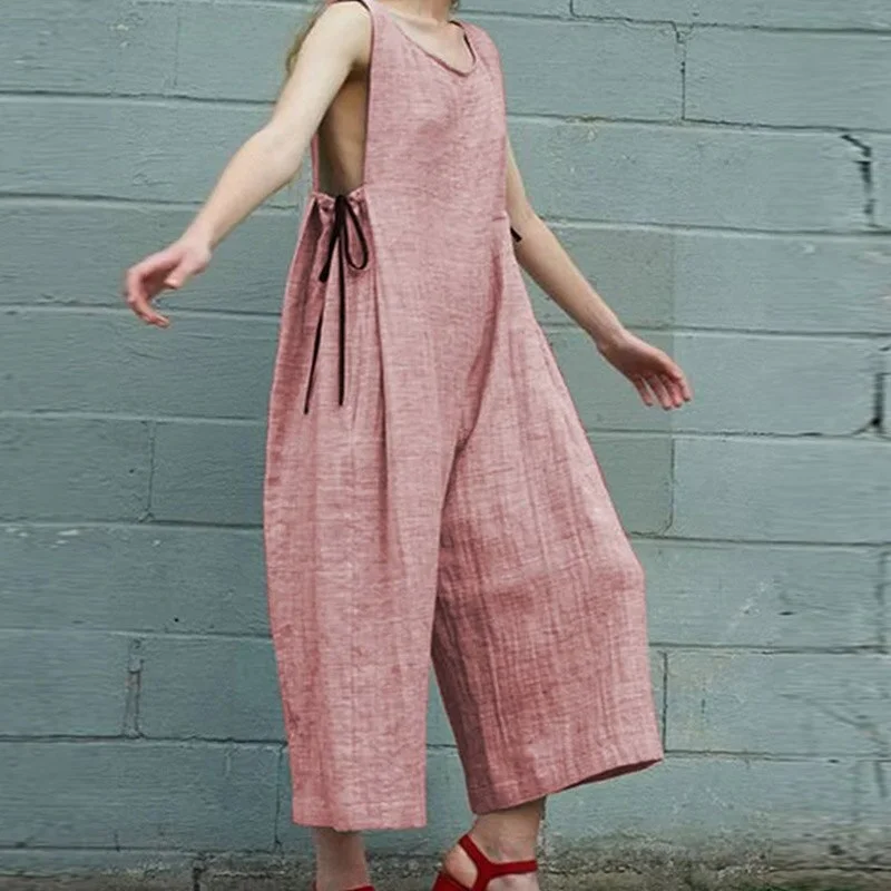 Simple Casual Plain Cotton Linen Jumpsuits Women Spring Crew Neck Straight Office Rompers Summer Sleeveless Side Tie-up Overalls