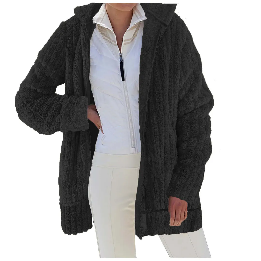 Churchf Churchf Autumn / Winter Warm Plush Pure Color Zipper Pocket Hooded Loose Coat Female