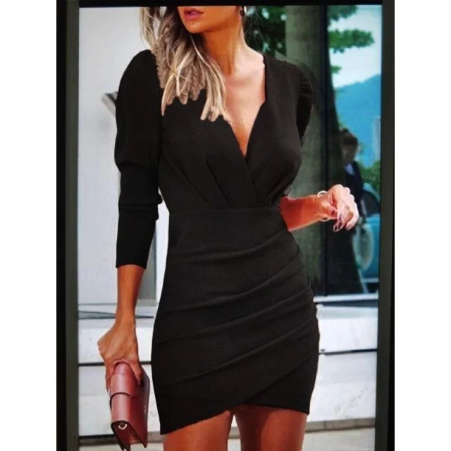 Solid V-neck Casual for Women Long-sleeved  Dress