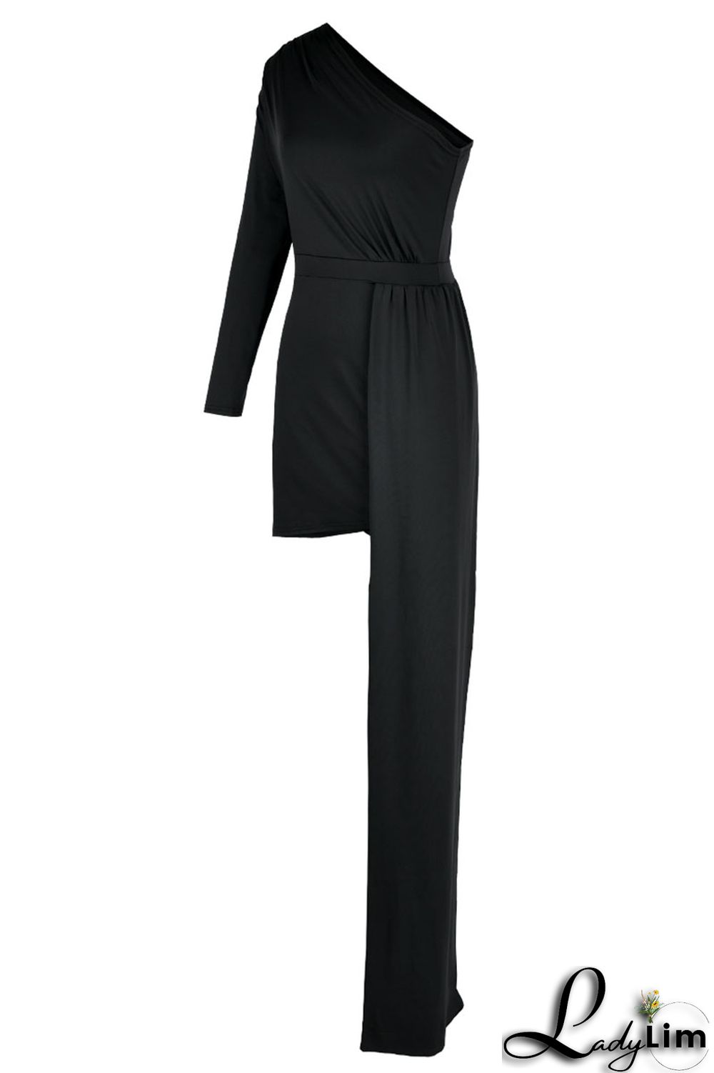 Black Elegant Solid Patchwork Oblique Collar Pencil Skirt Dresses