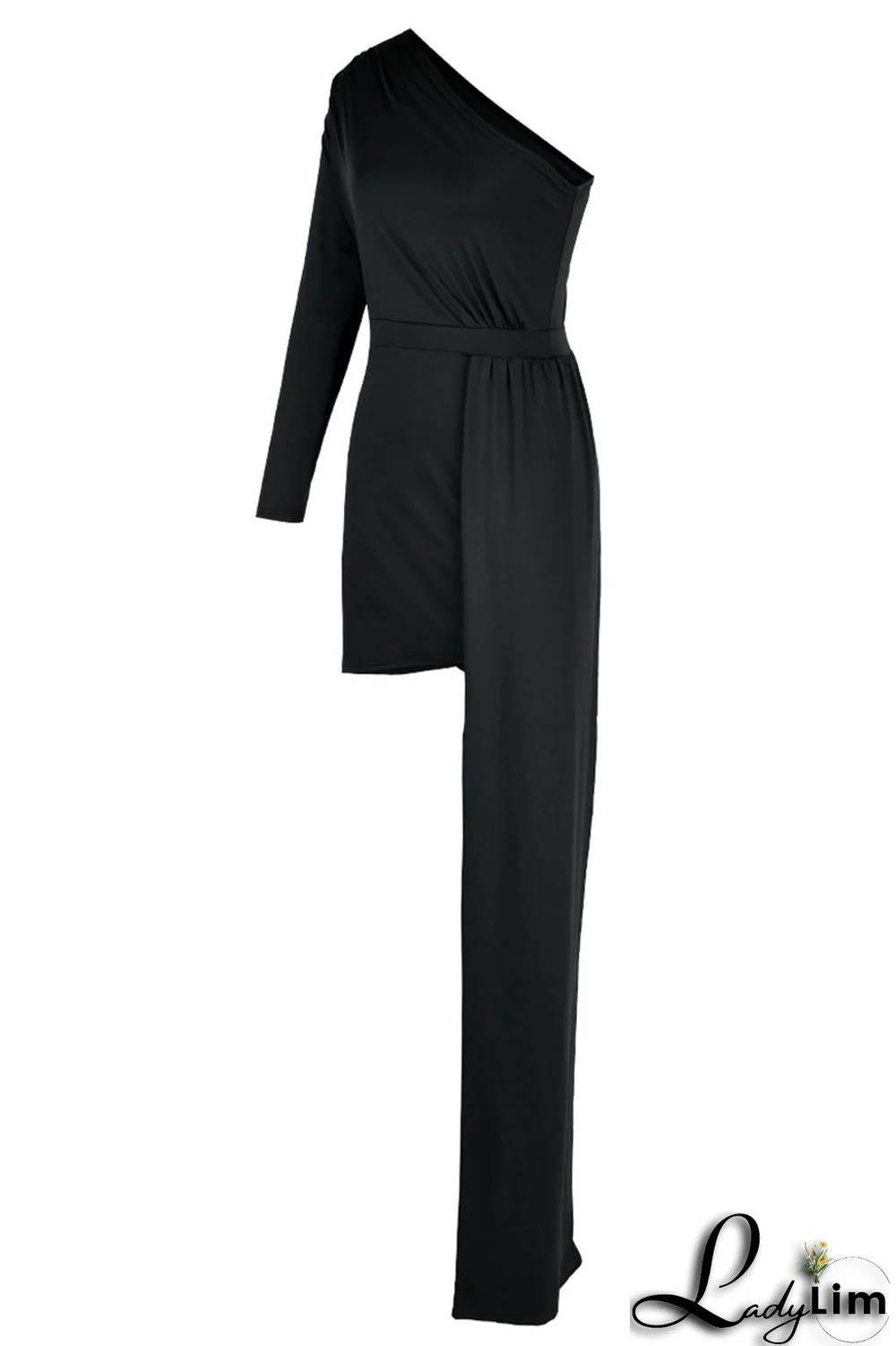 Black Elegant Solid Patchwork Oblique Collar Pencil Skirt Dresses