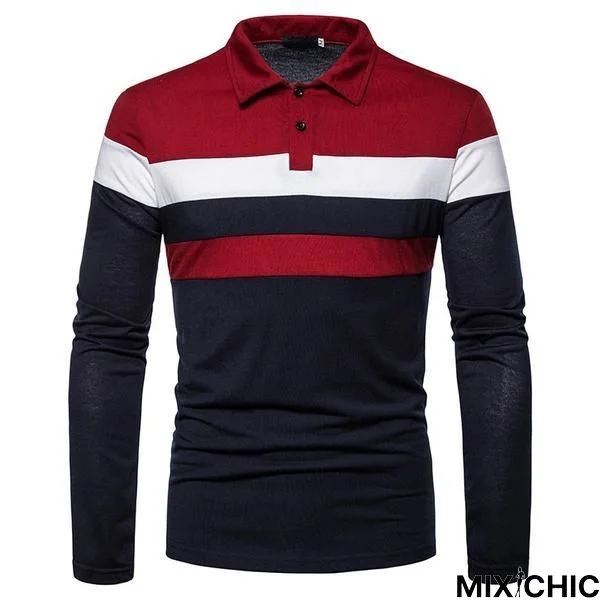 Fashion Men Lapel Long Sleeve Tri-Color Striped Stitching Shirts