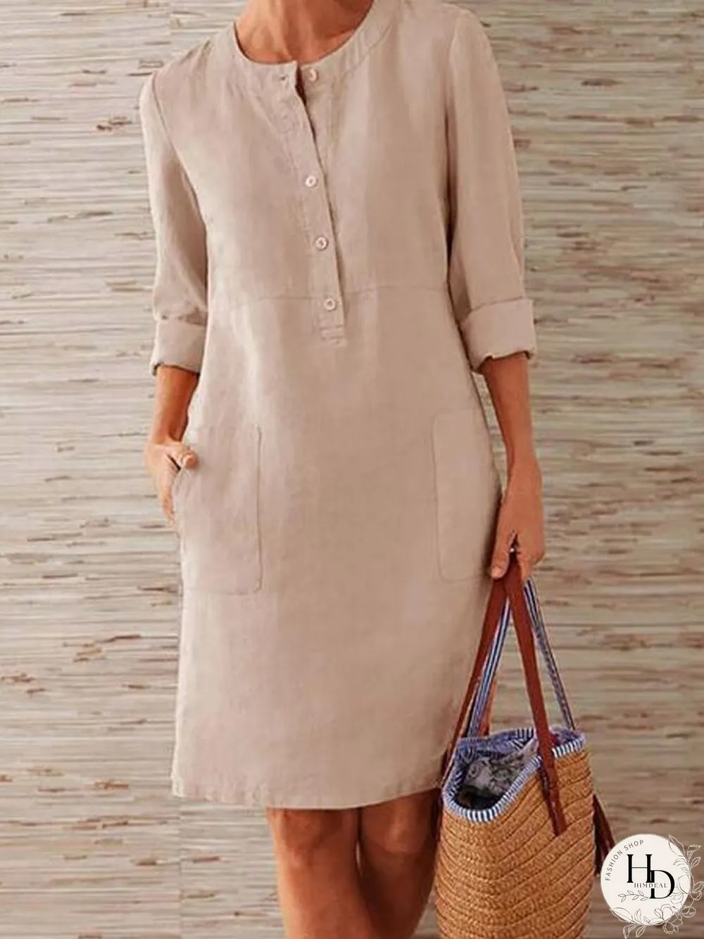 Solid Color Stand Collar Long Sleeve Buttoned Dress