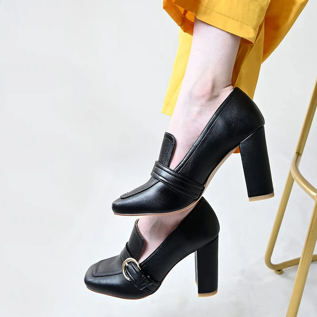 Classic Black Vegan Leather Square Toe Buckle Chunky Heeled Loafers