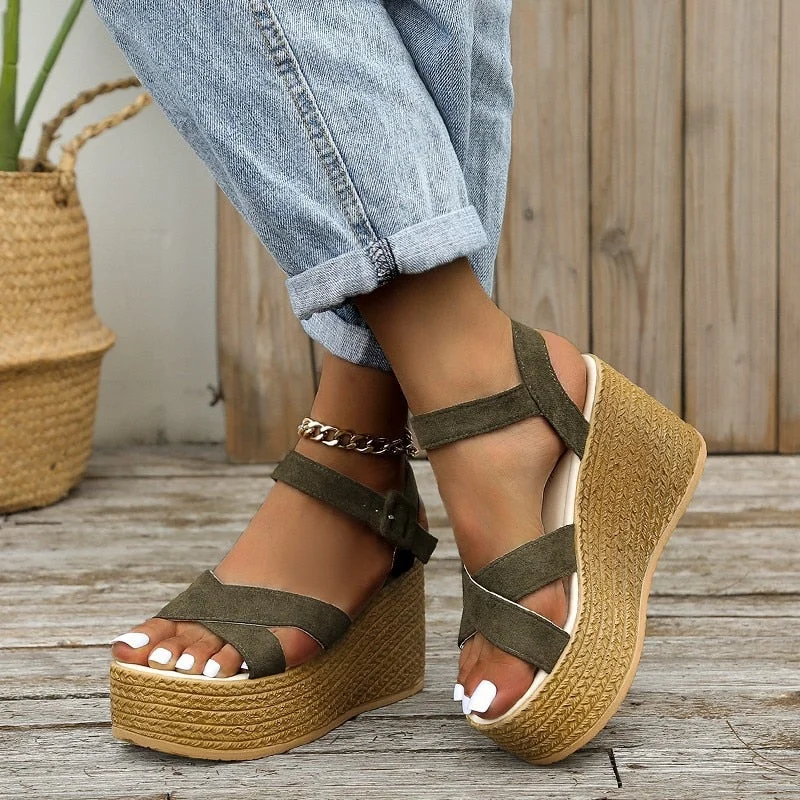 Lourdasprec Fashion Wedge Sandals for Women Summer 2023 Casual Non-slip Peep Toe Platform Shoes Rubber Sole Buckle Elegant Heels Women