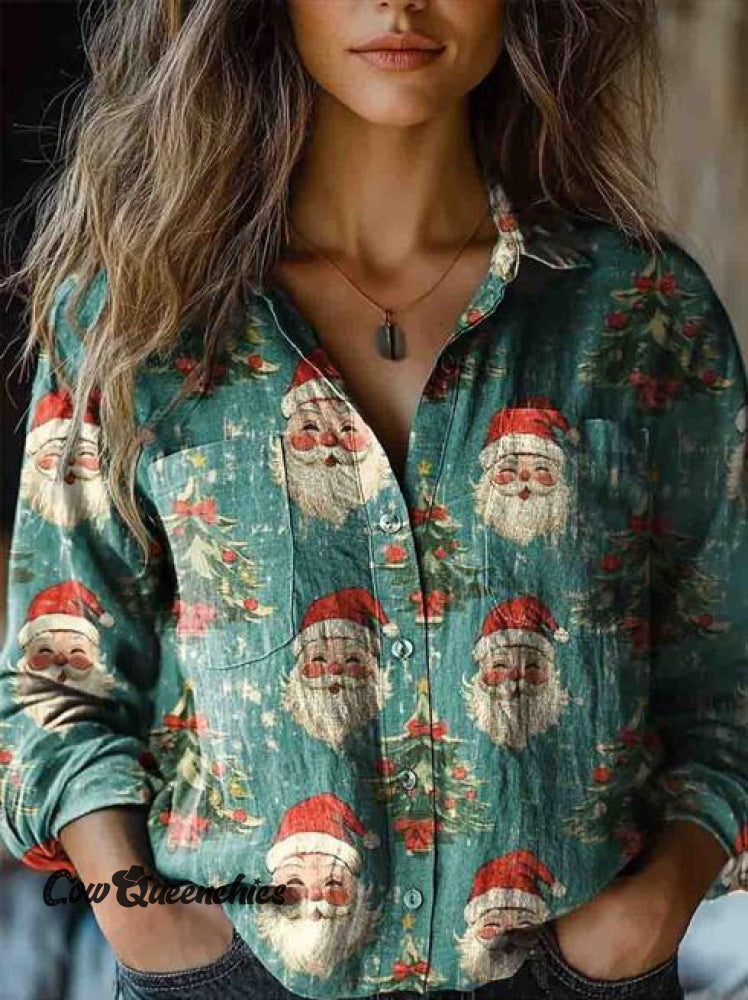 Women’s Vintage Fun Christmas Santa Art Print Casual Long Sleeve Comfortable Cotton Shirt