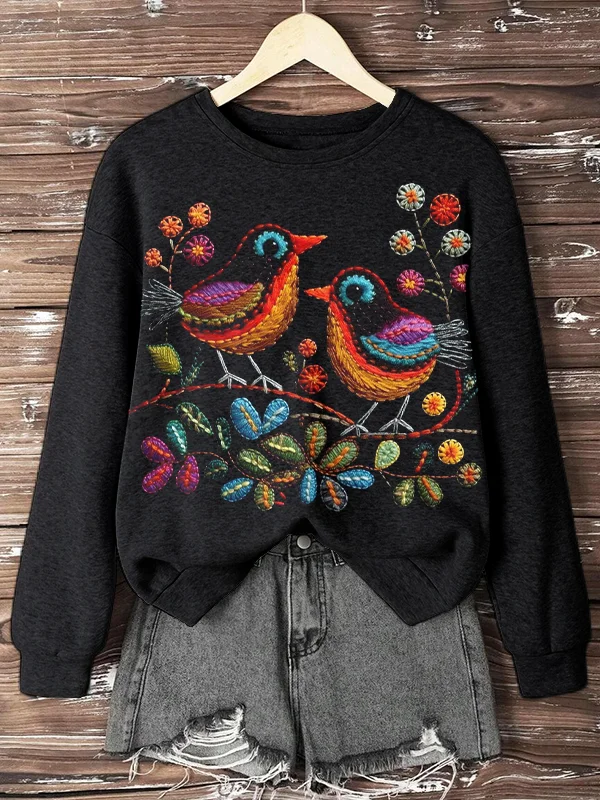 Women's Flowers And Birds On Branches Art Print Casual Sweatshirt