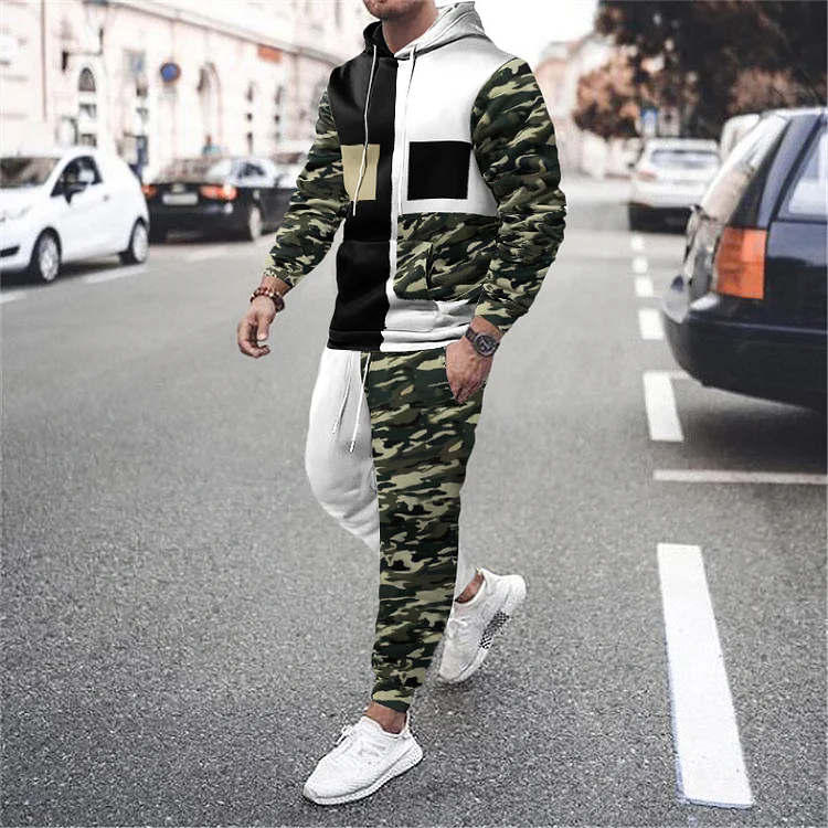 Broswear Camouflage Patchwork Print Casual Tracksuit Two Piece Set