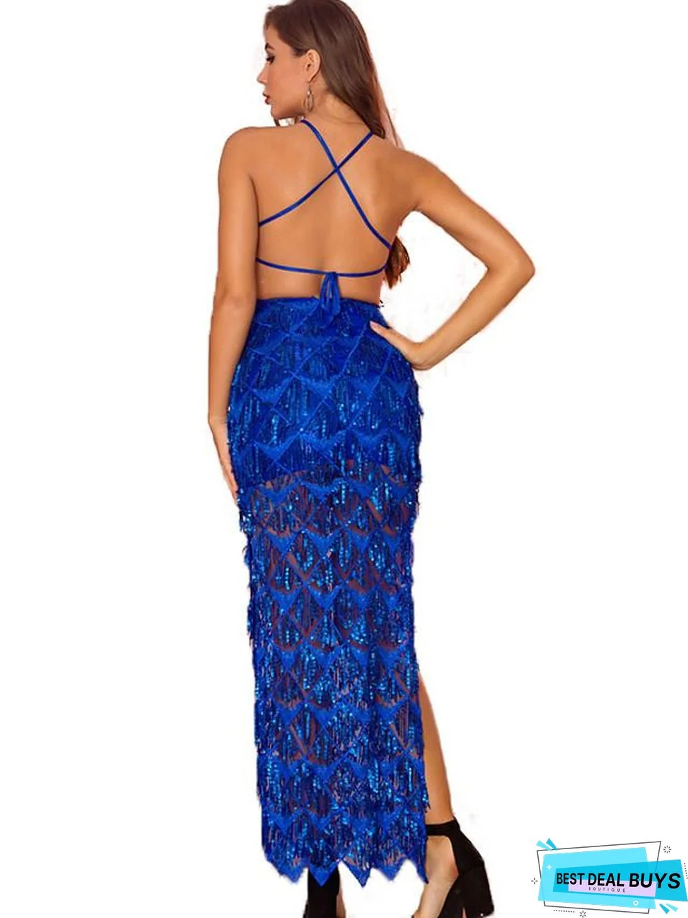 Women's A Line Dress Maxi Long Dress Black Blue Red Blushing Pink Sleeveless Solid Color Backless Sequins Summer Round Neck Elegant Sexy