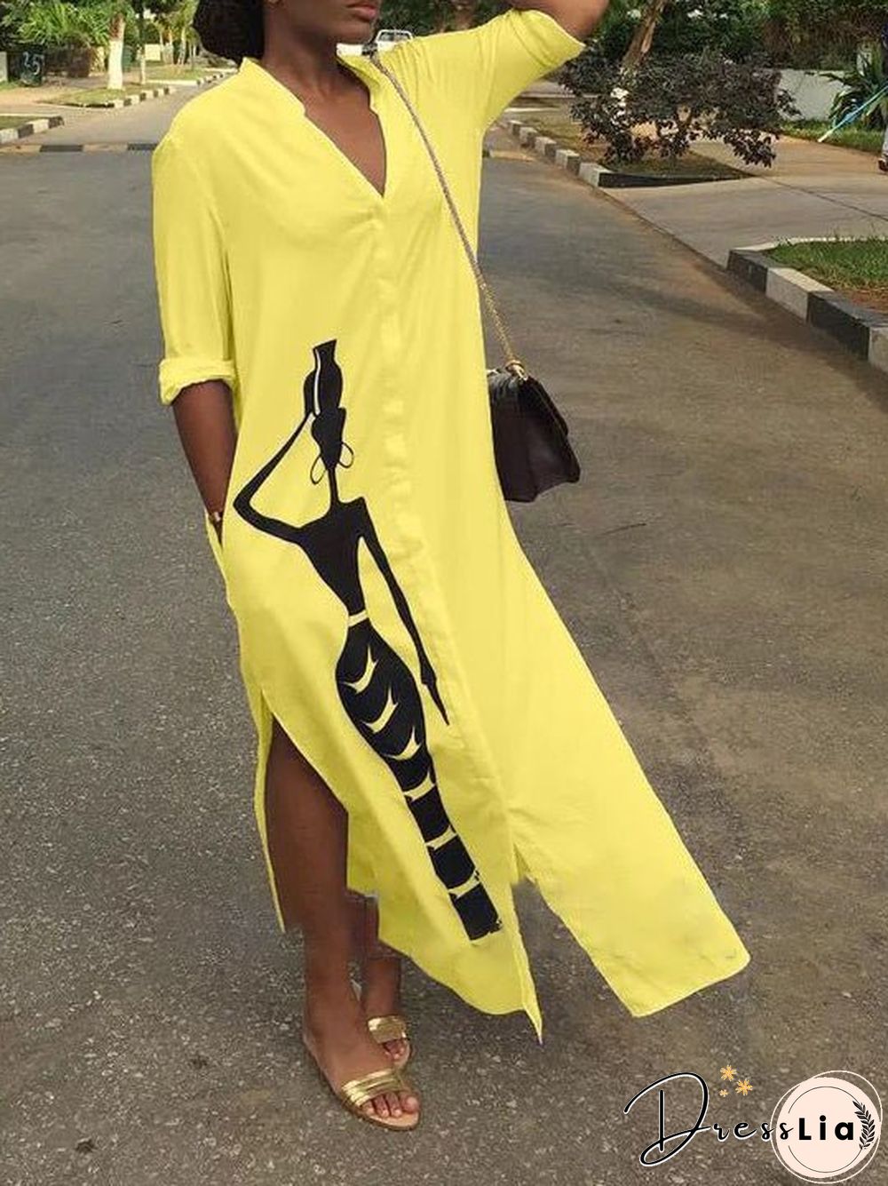 Women'S Dresses Printed Buttons Slit Shirt Dress