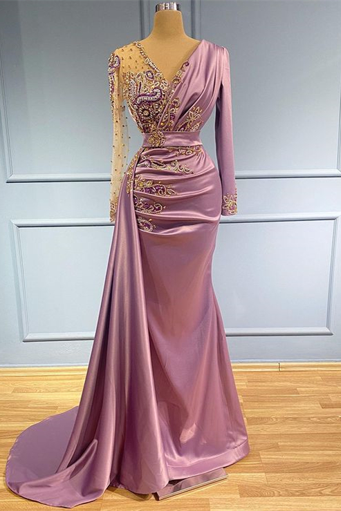 Oknass Long Sleeves Beadings Prom Dress V Neck Mermaid