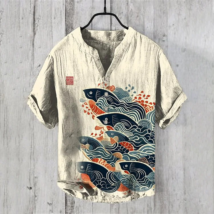 Comstylish Japan Fish Wave Ukiyo-E Art Print Short Sleeve Shirt