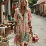 Women's Vintage Floral Patchwork Art Pattern Short Sleeve Mini Dress - Image 2