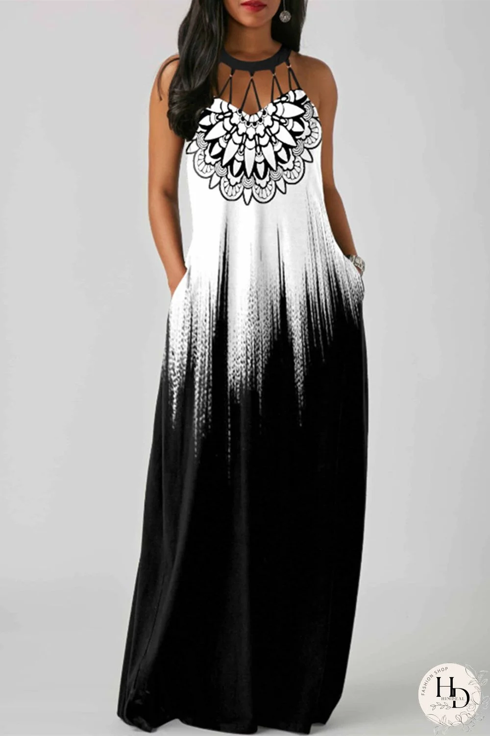 Black And White Fashion Sexy Print Hollowed Out Patchwork O Neck Sleeveless Dress
