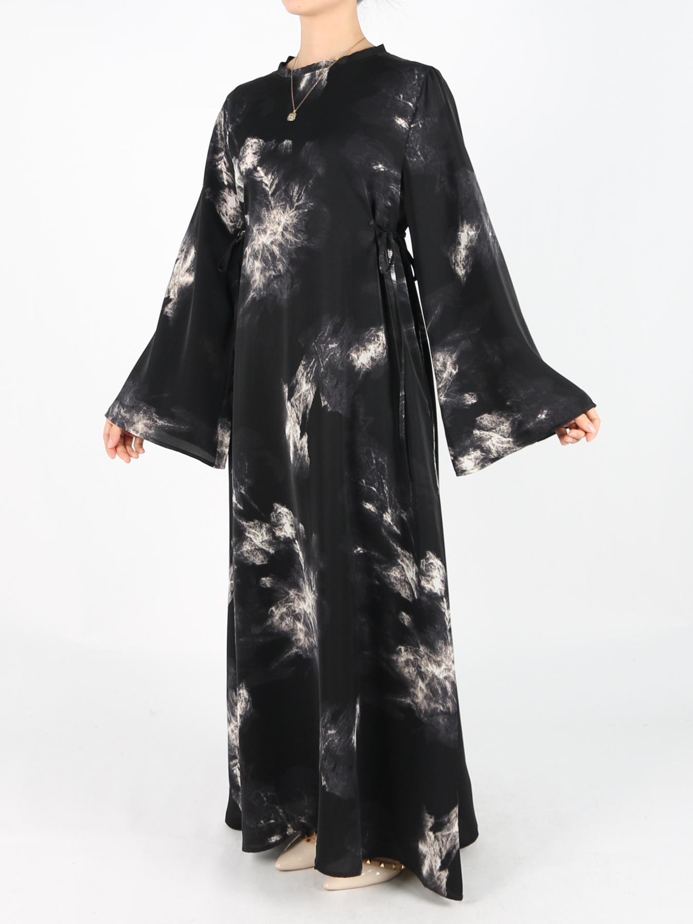 Women's Tie Side Zipper Back Dress, Elegant Long Sleeve Belted Abaya Dress for Daily Wear, Ladies Islamic Clothing for All Seasons, Round Neck Abayas