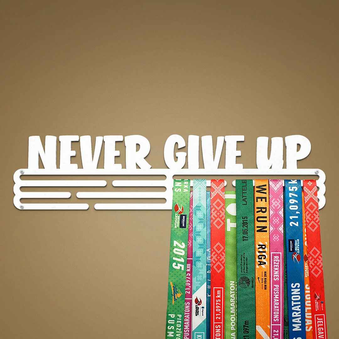 NEVER GIVE UP Medal Hanger Display – Powder coated (matte white) – Large / 430mm / 48 Medals