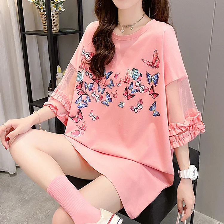 Butterfly Print Round Collar Lace Sleeve Casual T-Shirt - Modakawa Modakawa