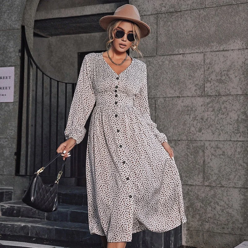 Simplee Retro pleated v-neck buttons A-line floral dress women Elegant high waist maxi dress Long lantern sleeves vestido female