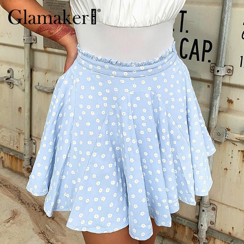 Glamaker Floral printed A-line skirts Women fashion party ruffles short skirts Blue summer loose casual sexy bottom 2021 new