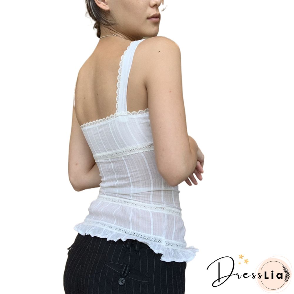 Aesthetic Tank Tops Summer Women Sleeveless Lace Ruffle Hem U-neck Vest White Camisole Fairycore Tshirt