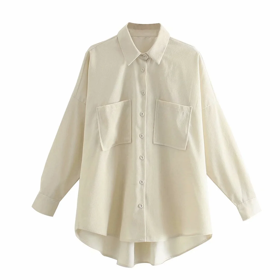 Za Women's Corduroy Shirts Female Blouses Mujer Blusas Pockets Long Sleeves Harajuku Tops Girl Streetwear Vintage Loose Khaki BF