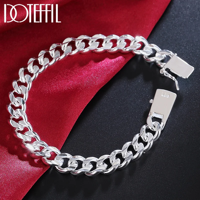 DOTEFFIL 925 Sterling Silver Geometric Sideways 10mm Square Buckle Bracelet Chain For Man Women Jewelry
