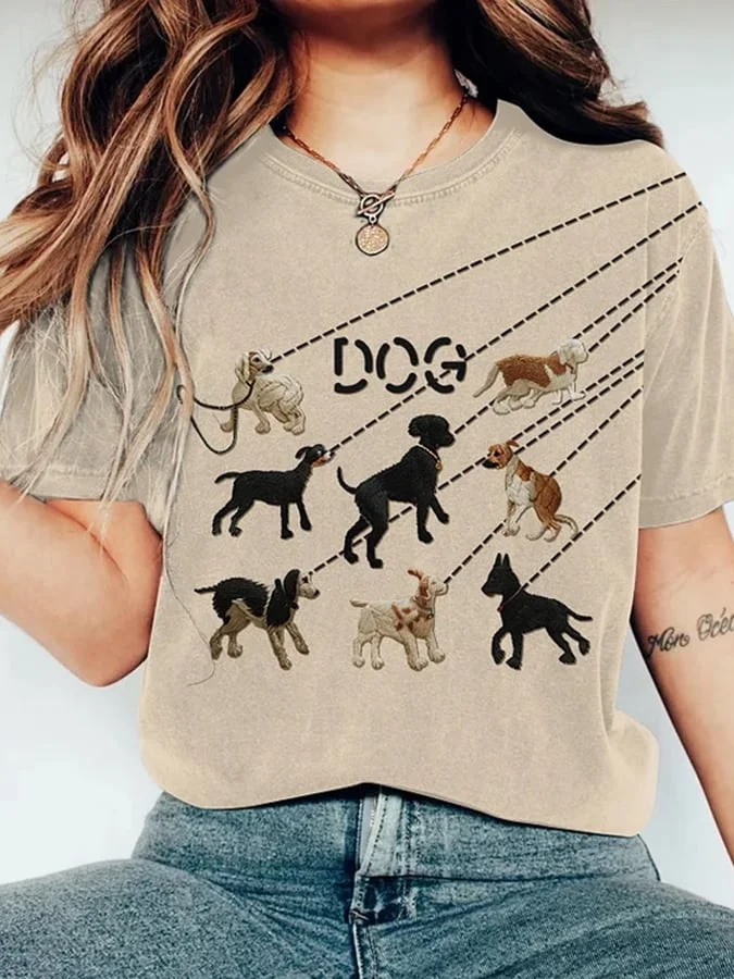 Women's Walking The Cute Dog Art  Print Crew Neck Short Sleeve T-Shirt