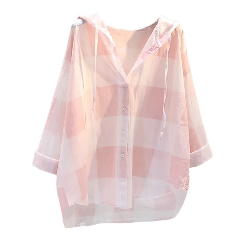 Uveng Uveng Lattice Hooded Sunscreen Woman 2025 Spring And Summer New Korean Version Of Loose Casual Shirt Thin Top Card