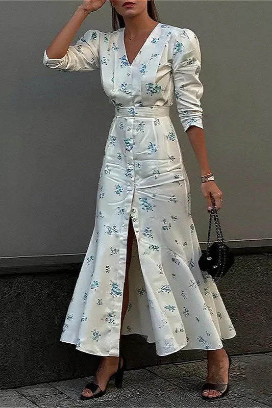 V Neck Ruched Waist Slim Fit Chic Floral Dress