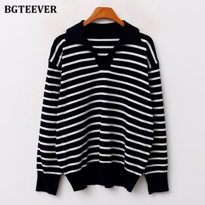 BGTEEVER Casual Turn-down Collar Striped Women Sweaters 2021 Autumn Sweater Long Sleeve Loose Female Knitted Pullovers Tops