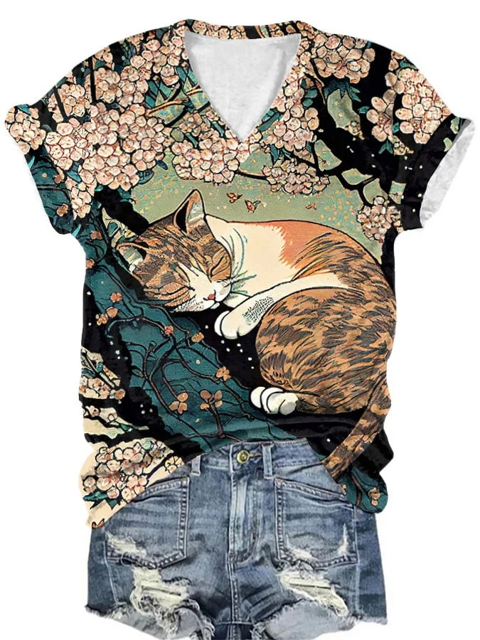 Women's Sleeping Cat Sakura Print V-Neck T-Shirt