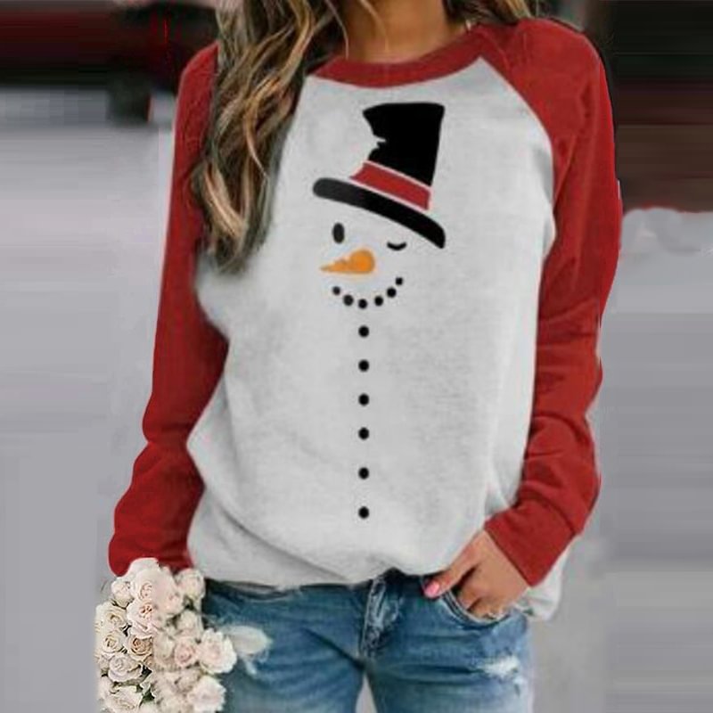 Christmas Cute Print Round Neck Color-Blocking Long-Sleeved Women's T-shirt