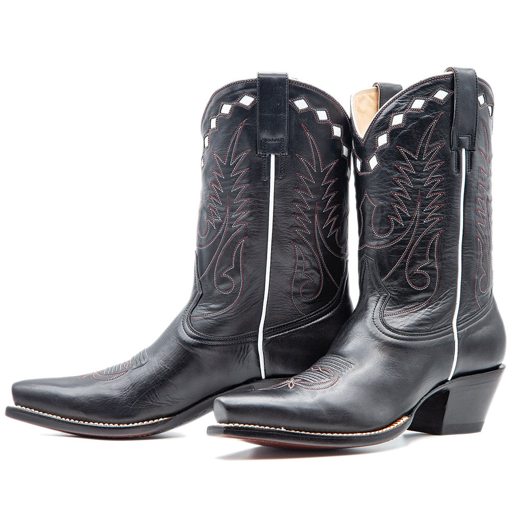 Black Snip Toe Stitching Detail Chunky Heel Western Boots for Women