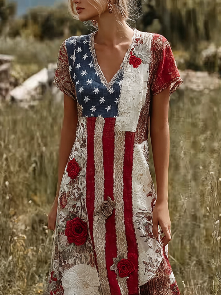 Women's Retro American Flag Element Plant Flower Embroidery Lace Patchwork Design Short-sleeve Dress Westsshops
